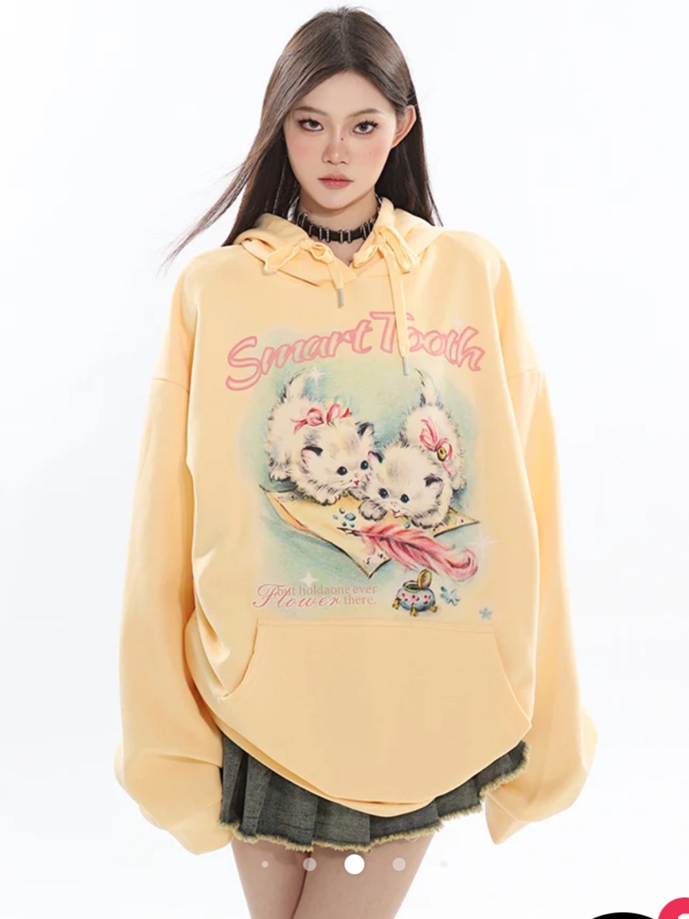 Pastel Pink Long Sleeve Hoodie cute kitty graphic, size 2XL